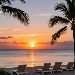 Caribbean Holidays, July Instagram Hotspots, Colourful sunset over Mullet Bay on Sint Maarten, calm Caribbean sea, palm silhouettes and beach loungers, warm evening light in July