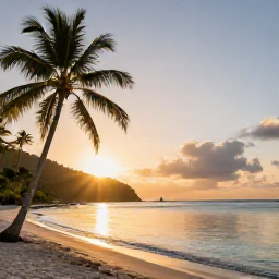 Caribbean Holidays, July Instagram Hotspots, Golden sunrise over a quiet Caribbean beach in Saint Vincent and the Grenadines, with palm trees and calm turquoise water