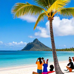 Caribbean Holidays, July Instagram Hotspots, Travellers taking colourful tropical photographs beside palm trees and clear Caribbean water in the United States Virgin Islands in July