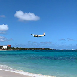 Caribbean Holidays, July Instagram Hotspots, Wide view of Maho Beach in Sint Maarten, turquoise Caribbean water, low flying passenger aeroplane approaching the runway, sunny July day