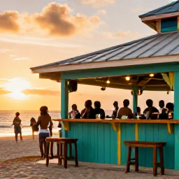 Caribbean Holidays, July Instagram Spots, A relaxed travel photograph of a colourful beach bar in Providenciales during July, with visitors enjoying drinks, music and a Caribbean sunset