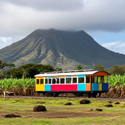 Caribbean Holidays, July Instagram Spots, Colourful historic railway carriage travelling through green sugar cane fields on Saint Kitts, with volcanic mountains behind