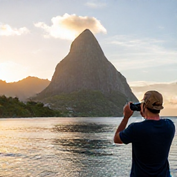 Caribbean Holidays, July Instagram Spots, Golden-hour view of the Pitons rising above the calm Caribbean Sea in Saint Lucia, with a traveller taking a photograph