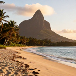Caribbean Holidays, July Instagram Spots, Quiet golden-hour beach on Nevis with Mount Nevis rising behind palm trees and calm sea