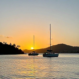 Caribbean Holidays, July Instagram Spots, Sunset over Marigot Bay in Saint Lucia, with calm water, anchored yachts and palm-fringed hills