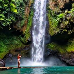 Caribbean Holidays, July Instagram Spots, Waterfall surrounded by lush rainforest in Saint Lucia, with a visitor standing near the pool and taking a photograph