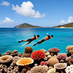 Caribbean Holidays, July Island Hopping, A couple snorkelling above a colourful coral reef in calm Caribbean water near the United States Virgin Islands