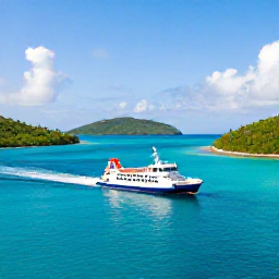 Caribbean Holidays, July Island Hopping, A passenger ferry travelling across clear Caribbean water between green islands, with bright sky and distant hills