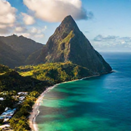 Caribbean Holidays, July Island Hopping, Aerial view of Saint Lucia's green mountains, Pitons and turquoise Caribbean Sea in warm July sunshine