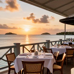 Caribbean Holidays, July Island Hopping, An elegant Caribbean waterfront restaurant at sunset, with tables overlooking calm sea and distant islands