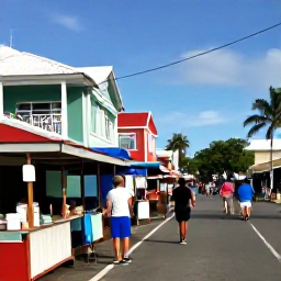Caribbean Holidays, July Island Hopping, Friendly Caribbean street scene with local food stalls, colourful buildings and travellers exploring in July