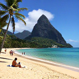 Caribbean Holidays, July Island Hopping, Visitors relaxing on a Saint Lucia beach with palm trees, calm turquoise water and the Pitons in the distance