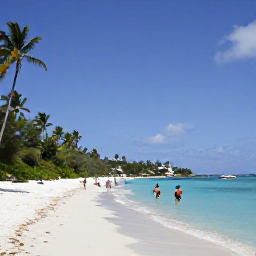 Caribbean Holidays, July Island Hopping, White sand and turquoise water at Magens Bay on St Thomas, with palm trees, swimmers and a small boat offshore
