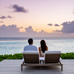 Caribbean Holidays, July Luxury Holidays, Couple enjoying a peaceful sunset from a luxury Tobago resort terrace, looking across the Caribbean Sea with soft pink skies