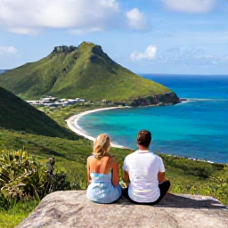 Caribbean Holidays, July Luxury Holidays, Couple exploring a scenic viewpoint over Saint Martin and Sint Maarten, with green hills, coastline and bright Caribbean sea