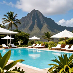 Caribbean Holidays, July Luxury Holidays, Elegant luxury hotel pool on Nevis with tropical gardens, comfortable sun loungers and volcanic mountain views