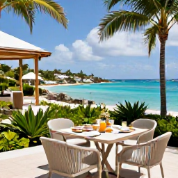Caribbean Holidays, July Luxury Holidays, Elegant luxury hotel terrace overlooking a Caribbean bay in Saint Martin, with breakfast table and tropical gardens
