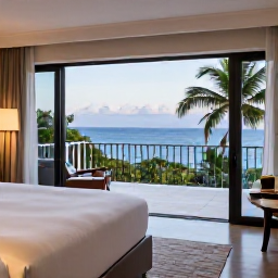 Caribbean Holidays, July Luxury Holidays, Elegant Trinidad and Tobago hotel suite opening onto a balcony with ocean views, tropical greenery and soft evening light