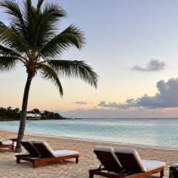Caribbean Holidays, July Luxury Holidays, Luxury beachfront resort on Saint Kitts at sunset in July, with calm turquoise sea, palm trees and elegant loungers