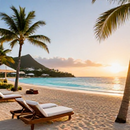 Caribbean Holidays, July Luxury Holidays, Luxury beachfront resort on Saint Martin at sunrise, turquoise sea, elegant loungers and palm trees