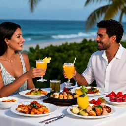 Caribbean Holidays, July Luxury Holidays, Refined Caribbean dinner in Trinidad and Tobago, with grilled seafood, tropical fruit, elegant table setting and warm evening ambience