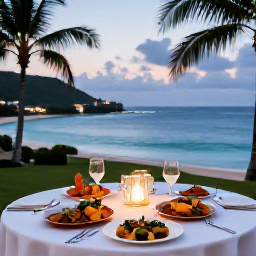 Caribbean Holidays, July Luxury Holidays, Romantic fine dining table overlooking the Caribbean Sea on Saint Kitts, with tropical evening light and elegant local dishes