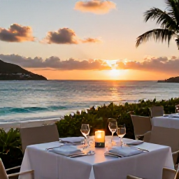 Caribbean Holidays, July Luxury Holidays, Sunset dining at a refined beachfront restaurant in Grand Case, Saint Martin, with tables, candles and ocean view