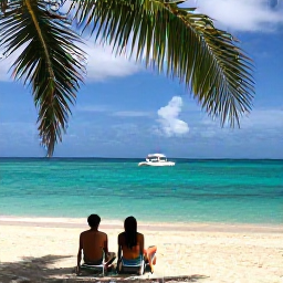 Caribbean Holidays, July Luxury Holidays, Traveller relaxing on a quiet Tobago beach in July, with turquoise water, golden sand, shady palms and a small luxury boat offshore