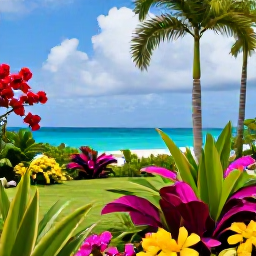 Caribbean Holidays, July Nature Holidays, A colourful tropical garden in Nevis during July, with flowering plants, hummingbirds and a view towards the Caribbean Sea