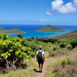 Caribbean Holidays, July Nature Holidays, A hiker walking through green tropical vegetation towards a viewpoint over the British Virgin Islands coastline