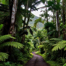 Caribbean Holidays, July Nature Holidays, A lush green rainforest trail on Saint Kitts in July, with tall tropical trees, ferns and soft mountain light