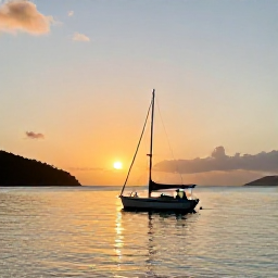 Caribbean Holidays, July Nature Holidays, A small sailing boat anchored in a calm bay at sunset among the British Virgin Islands