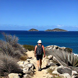Caribbean Holidays, July Nature Holidays, Hiker walking along a rocky coastal trail with sea views, dry tropical plants and distant islands on Saint Barth&eacute;lemy