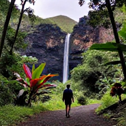 Caribbean Holidays, July Nature Holidays, Hiker walking through a Caribbean rainforest towards a waterfall, with tropical plants and volcanic hills
