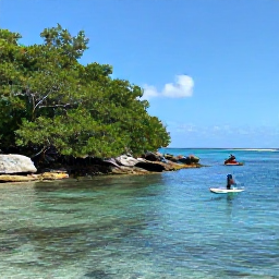 Caribbean Holidays, July Nature Holidays, Kayakers exploring clear shallow water beside a mangrove and rocky coastline on Saint Martin in July