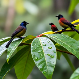 Caribbean Holidays, July Nature Holidays, Lush Caribbean rainforest in July with wet green leaves, tropical birds and soft morning light