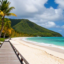 Caribbean Holidays, July Nature Holidays, Quiet Caribbean beach beside green hills, with a wooden boardwalk, palms and gentle waves under a partly cloudy sky