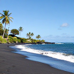 Caribbean Holidays, July Nature Holidays, Quiet Caribbean beach in Saint Vincent and the Grenadines with black volcanic sand, palm trees and gentle waves