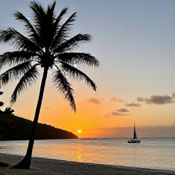 Caribbean Holidays, July Nature Holidays, Quiet Saint Barth&eacute;lemy beach at sunset with palm trees, calm water and a small sailing boat offshore