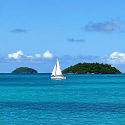 Caribbean Holidays, July Nature Holidays, Sailing boat passing green Grenadine islands and calm turquoise water under a bright July sky