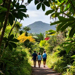 Caribbean Holidays, July Nature Holidays, Travellers enjoying a shaded nature walk in Saint Kitts and Nevis in July, surrounded by tropical greenery and distant mountain views