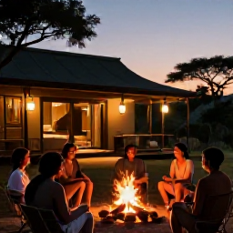 Caribbean Holidays, July Safari Holidays, A comfortable safari lodge in the African bush at dusk, with guests sitting beside a small campfire and warm lantern light