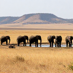 Caribbean Holidays, July Safari Holidays, A safari jeep watching a herd of elephants near a waterhole on the African plains, with dry grass and distant hills