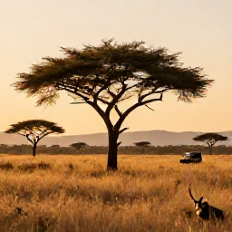 Caribbean Holidays, July Safari Holidays, A wide African savannah at sunrise in July, with acacia trees, golden grass and a safari vehicle in the distance