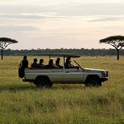 Caribbean Holidays, July Safari Holidays, Safari travellers enjoying an early morning game drive across open grassland, with a knowledgeable guide and wildlife in the distance