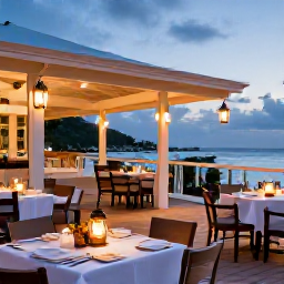Caribbean Holidays, July Saint Barth, Elegant adults-only restaurant terrace in Saint Barth&eacute;lemy serving fresh seafood at dusk with warm lantern lighting