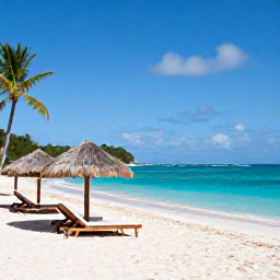 Caribbean Holidays, July Saint Barth, White sandy beach and clear turquoise water at Anse des Flamands, Saint Barth&eacute;lemy, with shaded loungers and palm trees