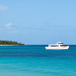 Caribbean Holidays, July Scuba Diving, A dive boat travelling across calm turquoise sea towards Tobago&rsquo;s tropical coastline in July