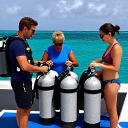 Caribbean Holidays, July Scuba Diving, A friendly Caribbean dive instructor briefing holidaymakers beside neatly arranged scuba tanks before a boat trip