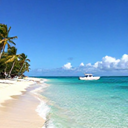 Caribbean Holidays, July Scuba Diving, A relaxed Caribbean beach in July with clear turquoise water, bright sunshine and palm trees beside a small dive boat
